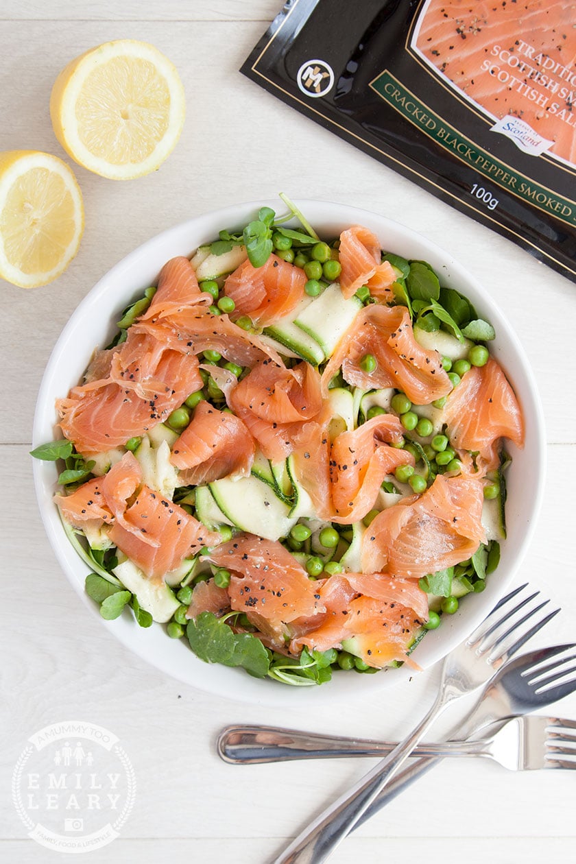 Pea and courgette ribbon lemon salad with black pepper smoked salmon ...