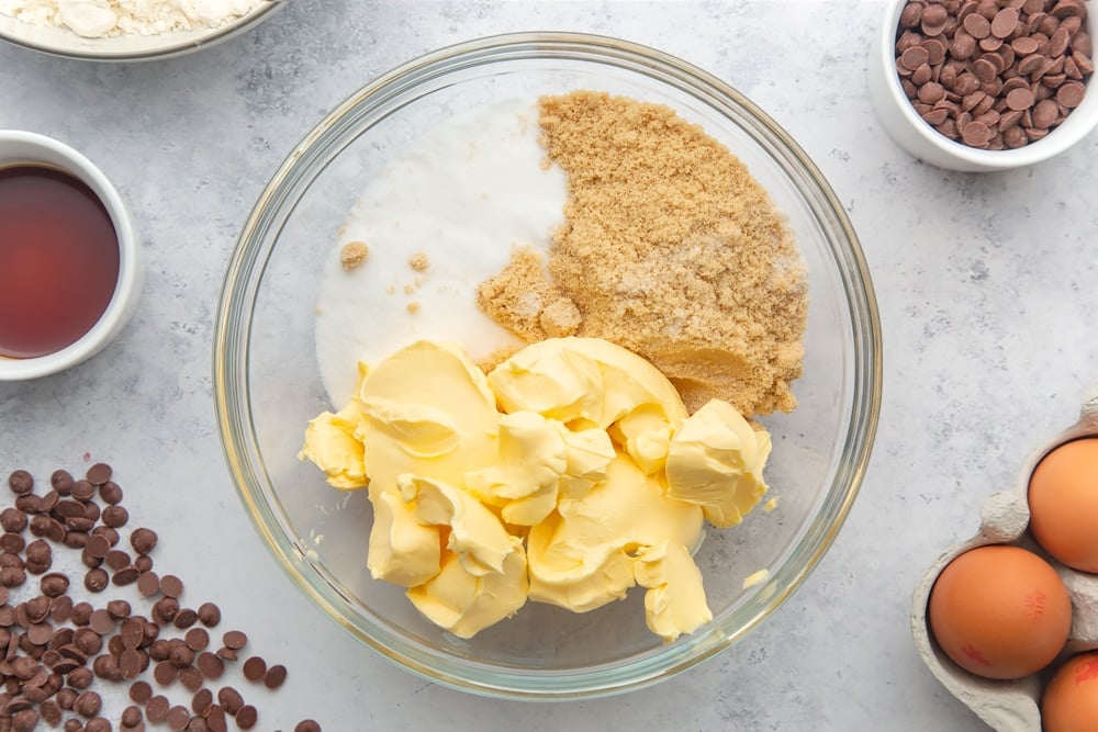 Margarine and sugar poured into a bowl ready for our dairy free chocolate chip cookies