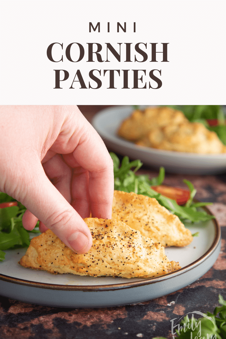 Pinterest image for the mini cornish pasties. The image is of the mini cornish pasties on a decorative plate served with a side salad and at the bottom is some text describing top image.