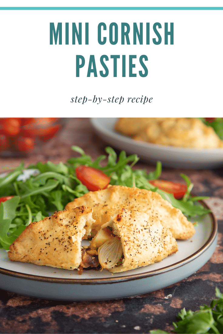 Pinterest image for the mini cornish pasties. The image is of the mini cornish pasties on a decorative plate served with a side salad and at the bottom is some text describing top image.