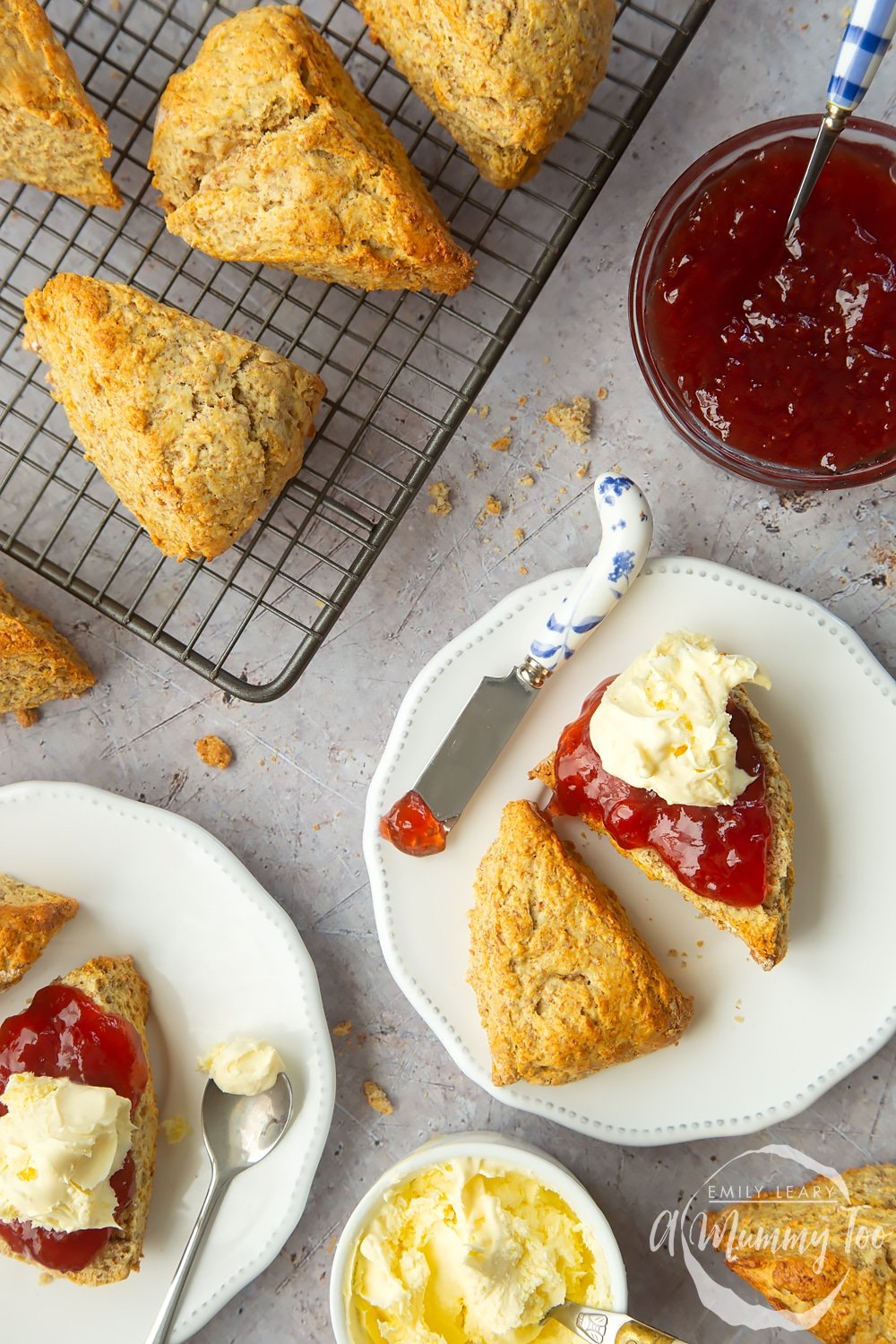 50/50 scones served with jam and clotted cream 