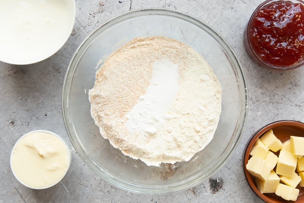 Flour and bicarbonate of soda in a mixing bowl