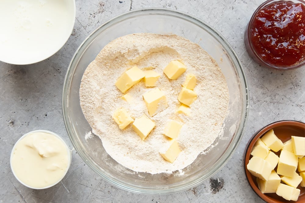 Butter cubes in the scone mixing bowl