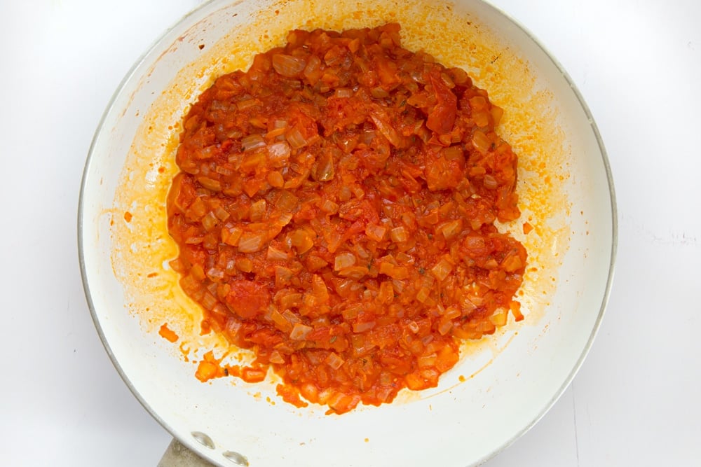 Overhead shot of tomato sauce mix in a pan 
