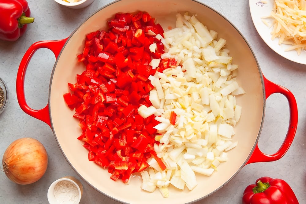 Onion, garlic and pepper in a large pan