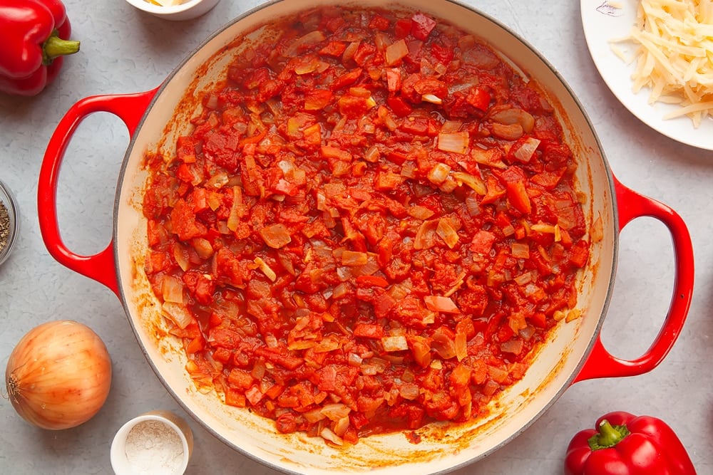 Lasagne mix cooking in a large pan 