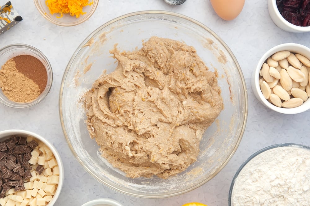 Overhead shot of dough mix in a large bowl