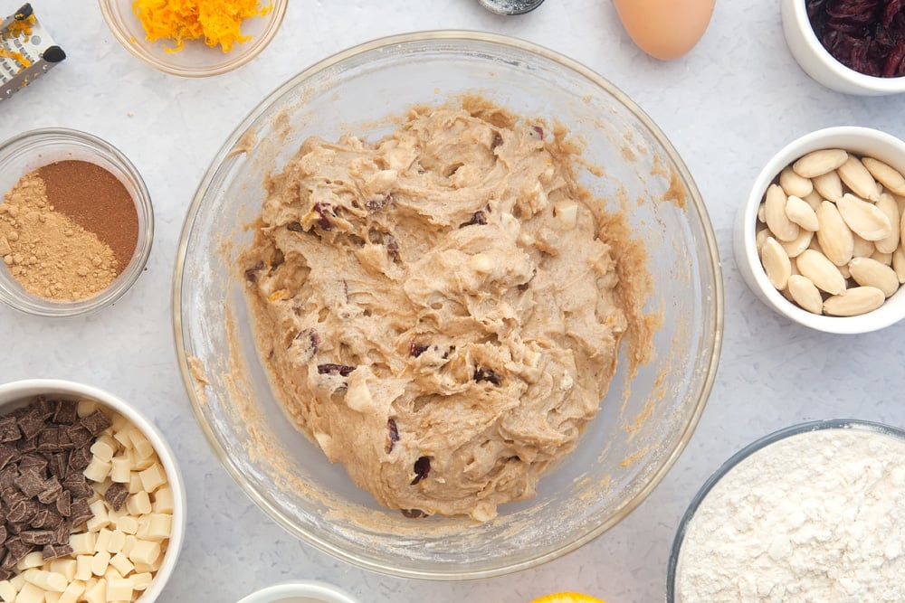 Overhead shot of dough mix in a large bowl