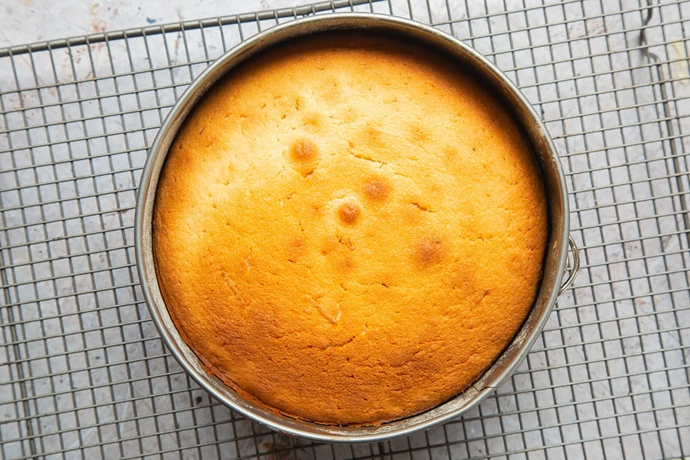 Freshly baked lemon drizzle cake cooling on a wire rack