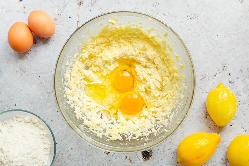 Eggs are added to the mixing bowl