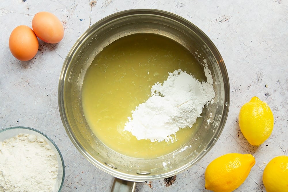 Lemon juice and icing sugar in a saucepan