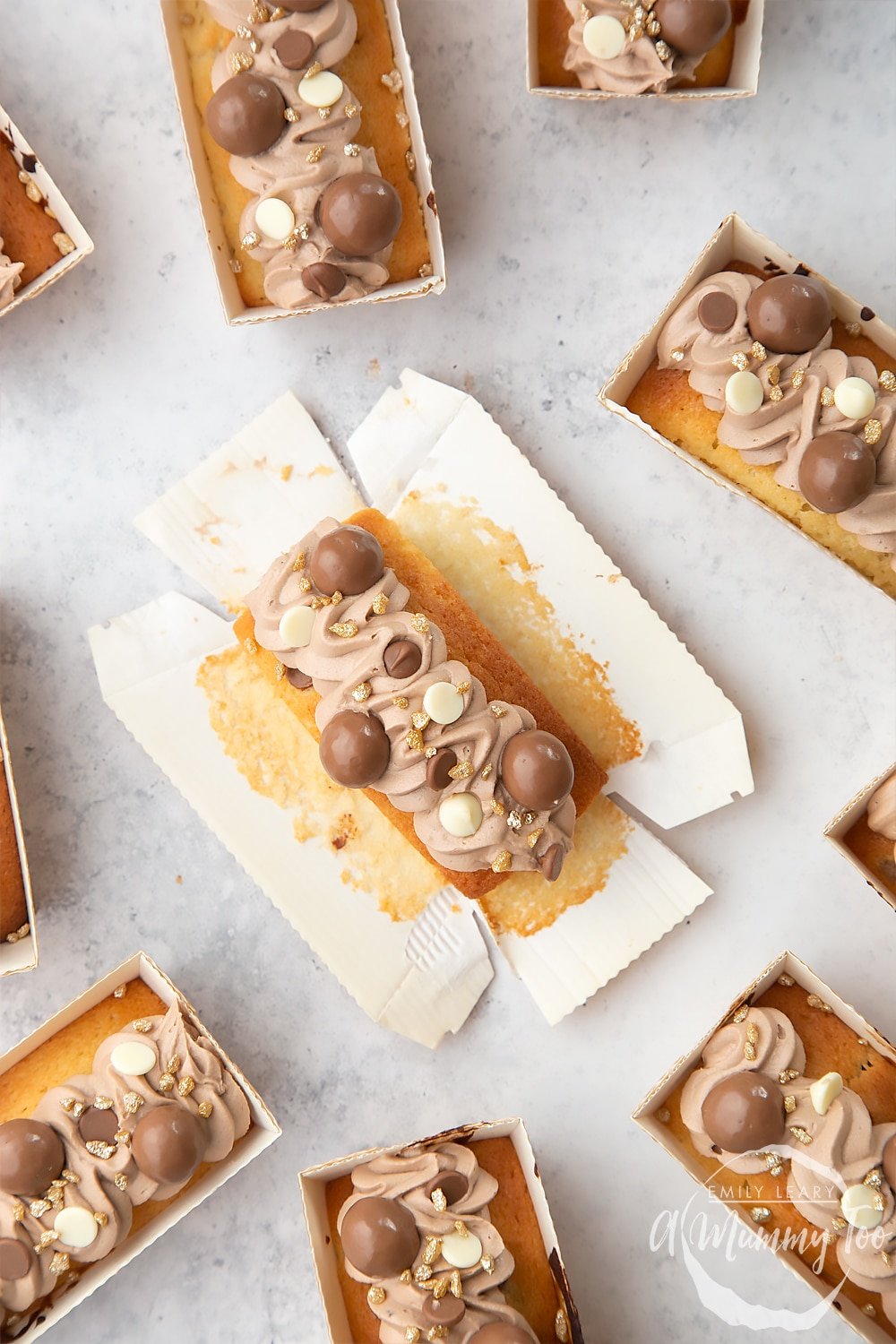 Chocolate chip mini-loaf cake with chocolate frosting