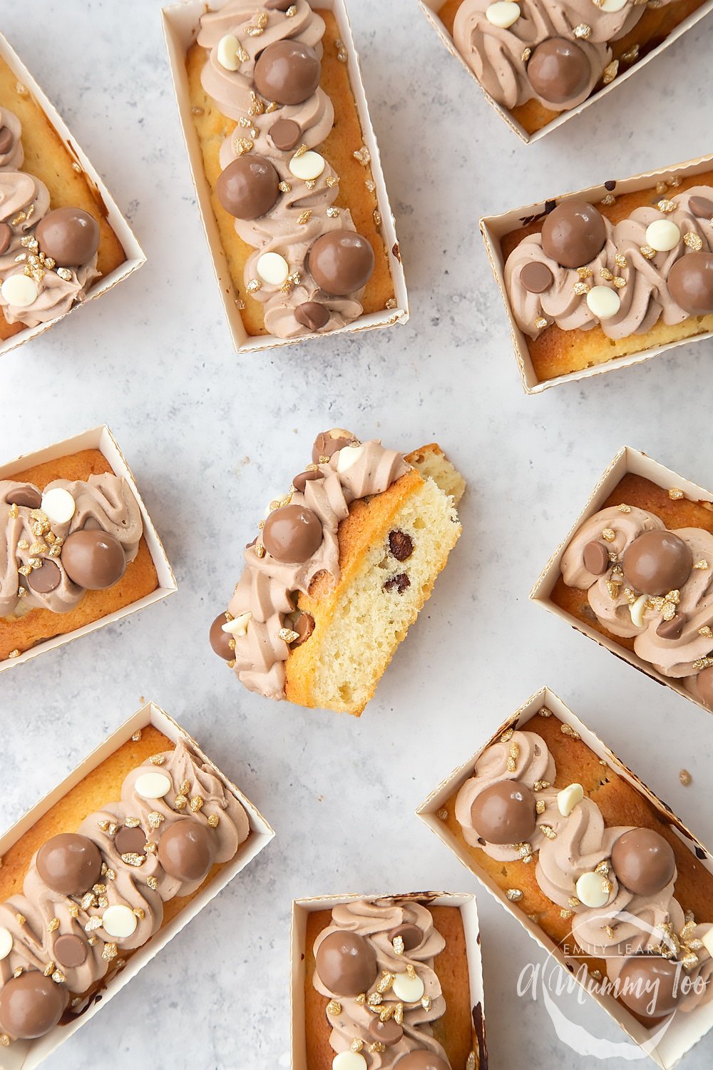 Chocolate chip mini-loaves with chocolate frosting