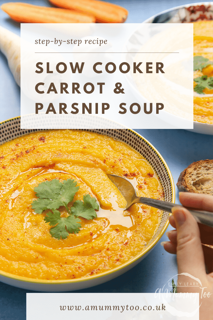 Two bowls of slow cooked carrot and parsnip soup. At the top there's some text describing the image for Pinterest.