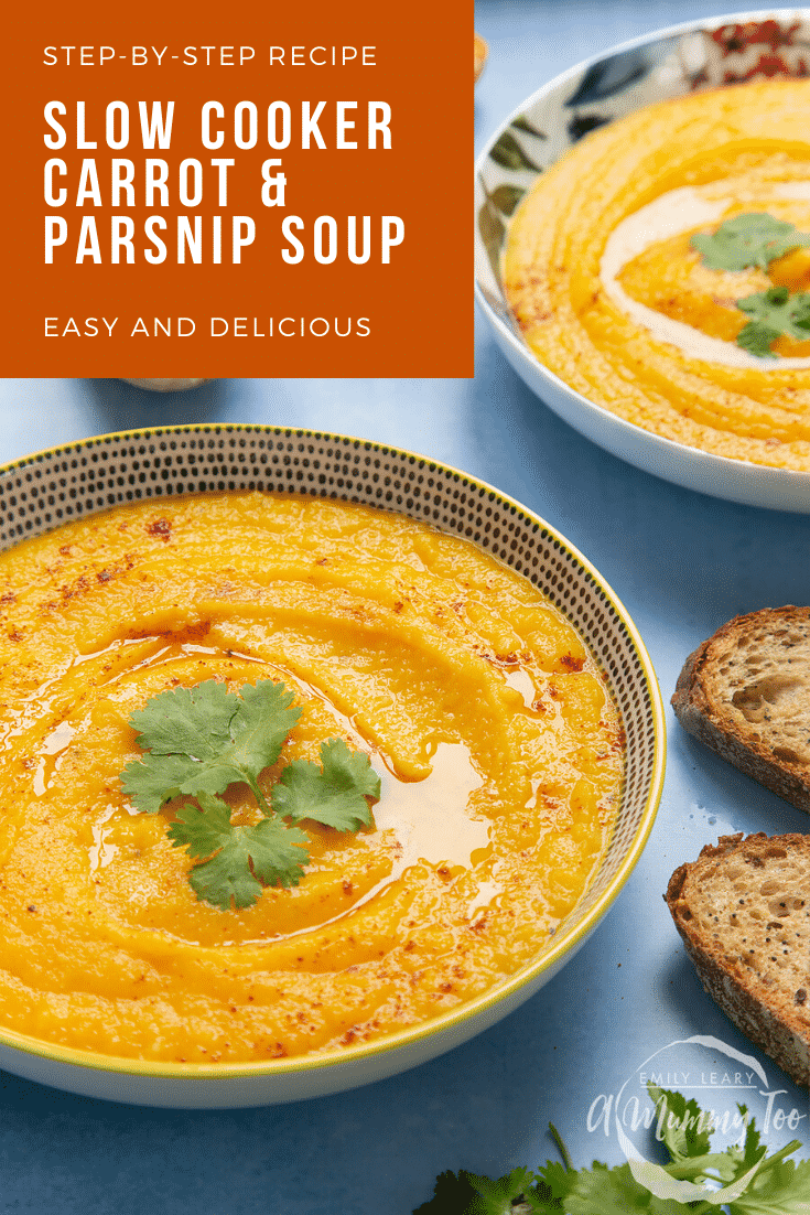 Two decorative bowls filled with carrot and parsnip soup on a blue background. At the top left of the image there's some text describing the image for Pinterest.