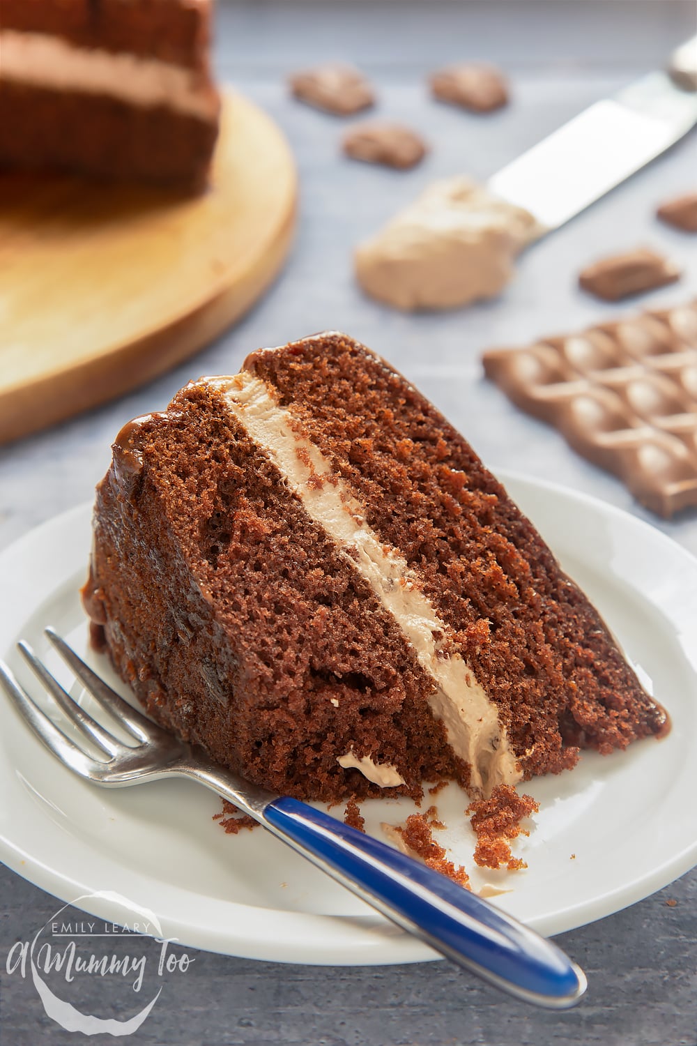 A slice of Galaxy chocolate cake with Baileys. 