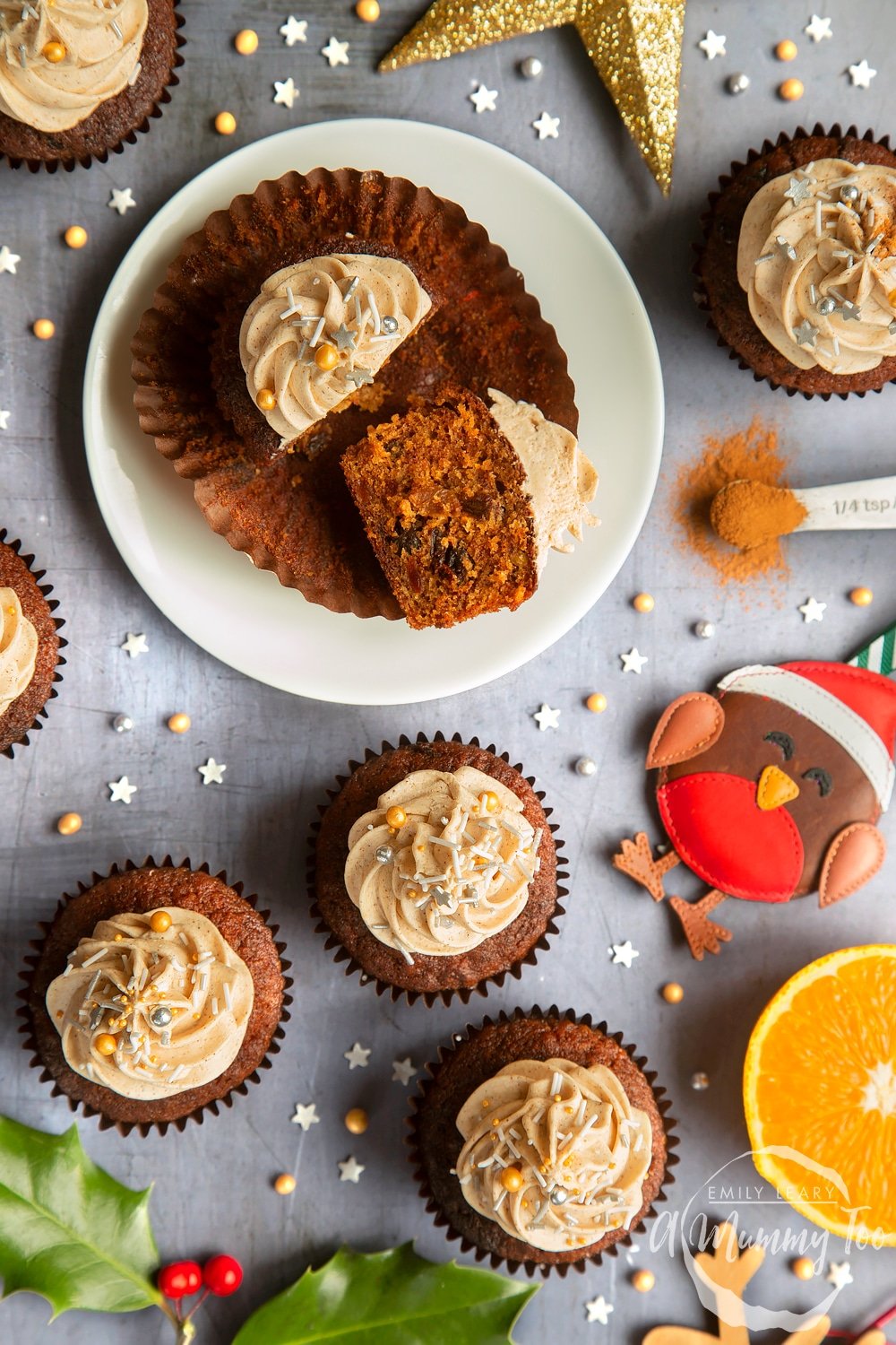 Christmas pudding muffins topped with spiced rum frosting