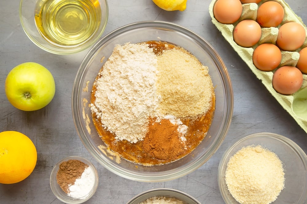 Flour, almonds, bicarbonate of soda, mixed spice and cinnamon are added to the Christmas pudding muffins mix