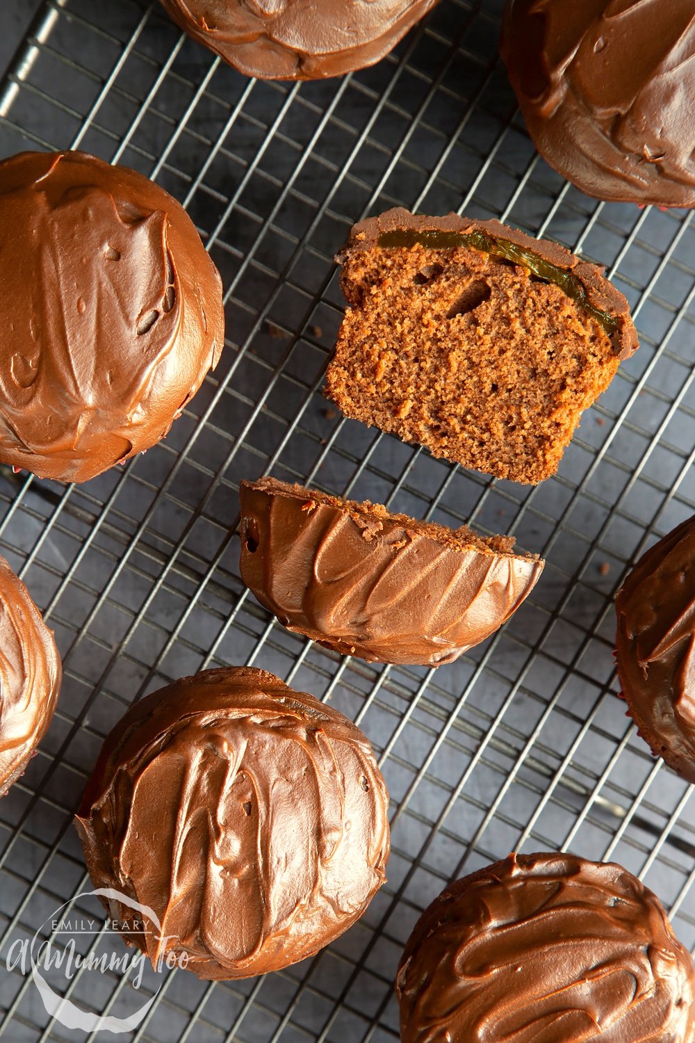 Jaffa cake cupcakes on a cooling rack