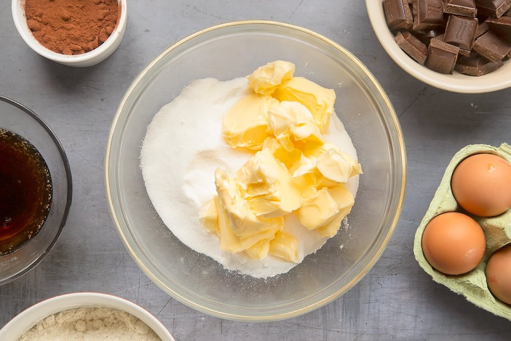 Butter and sugar in a mixing bowl