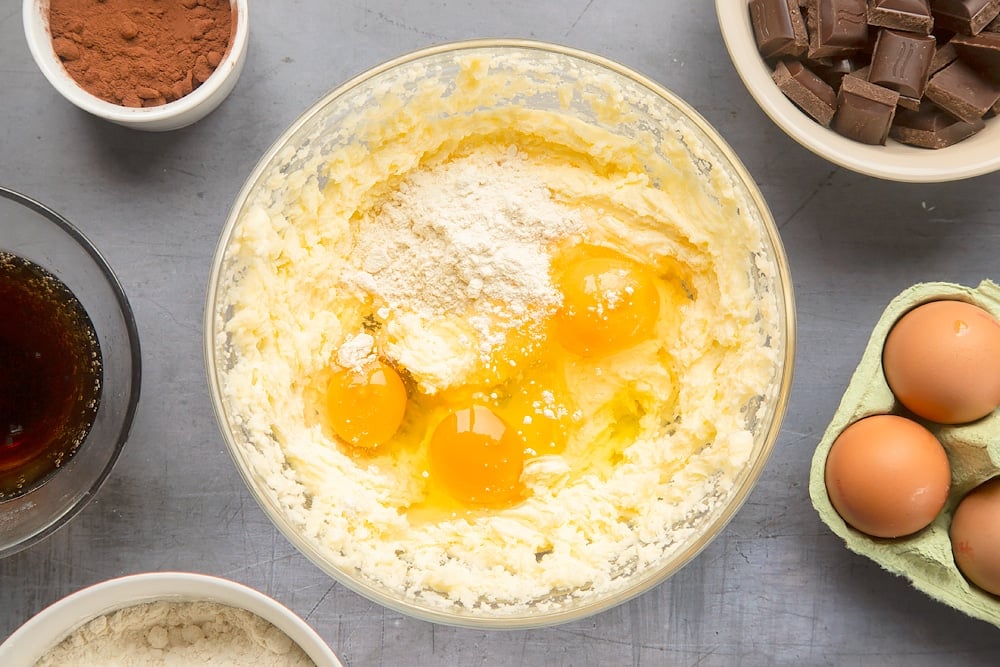 Add eggs and flour to the mixing bowl