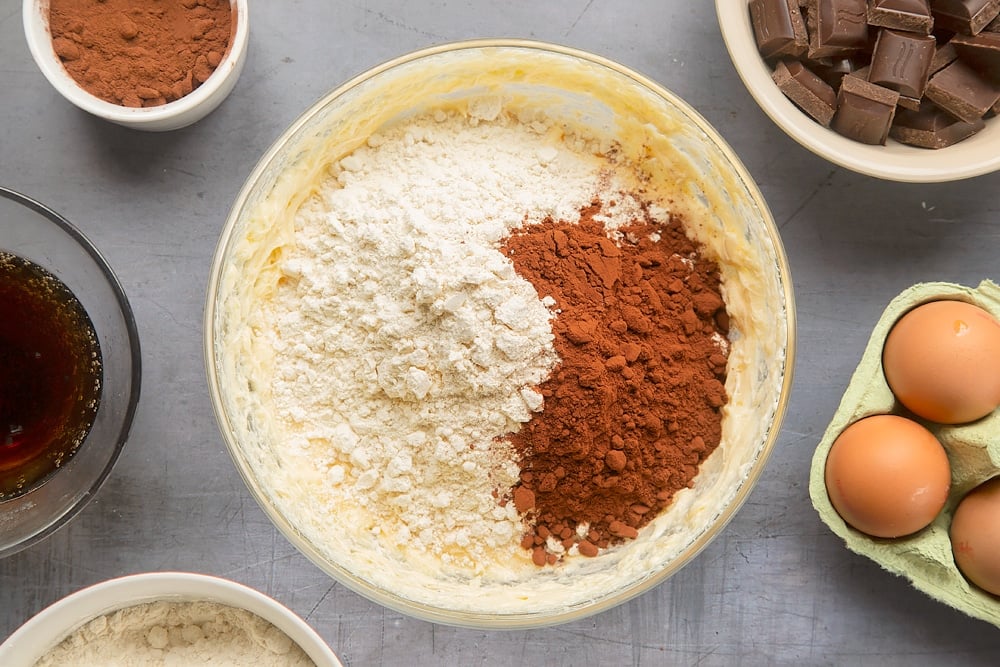 Add flour and cocoa powder to the bowl