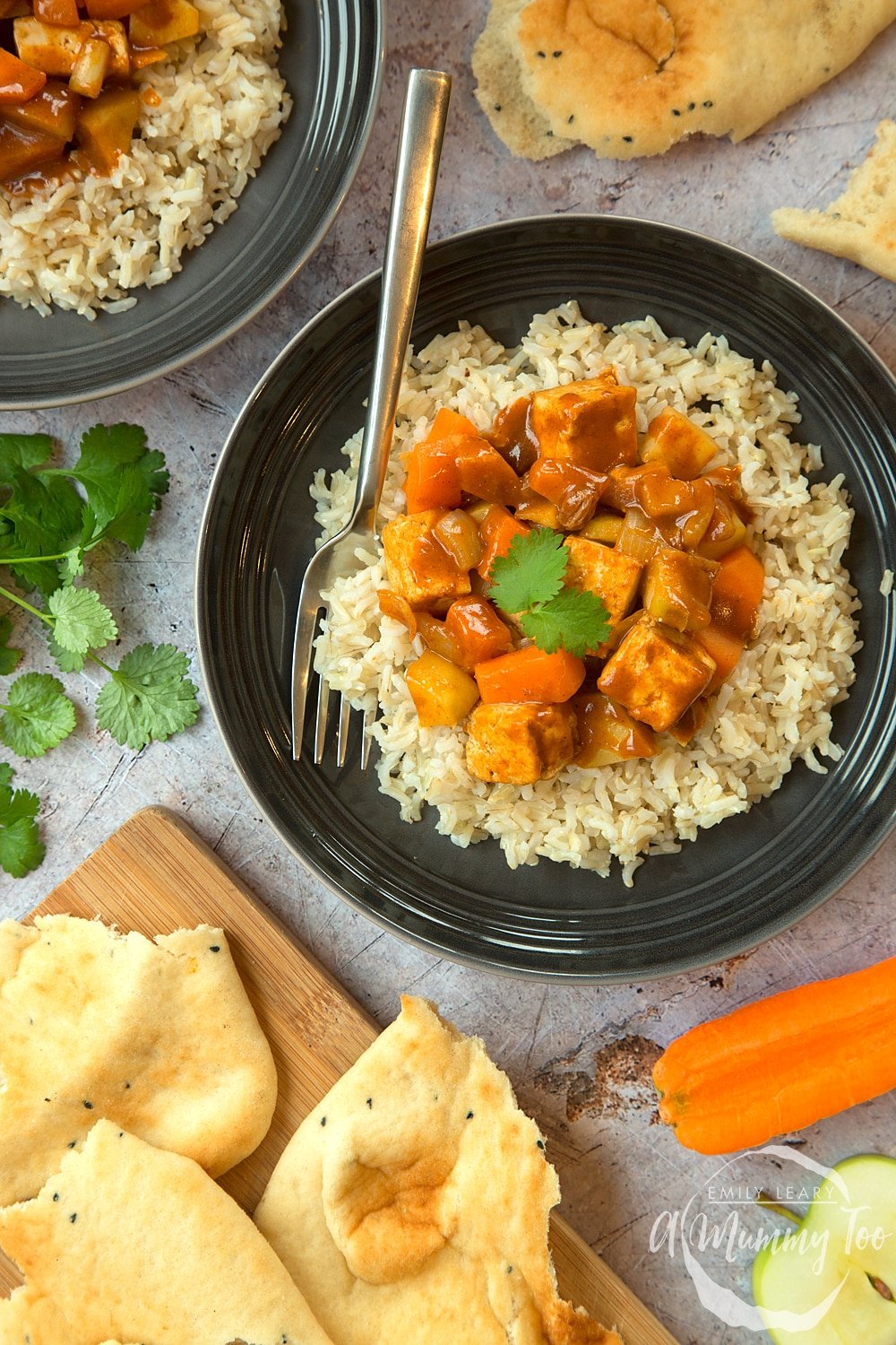 Overhead shot of No-chicken, tofu-lickin' curry served on a black bowl