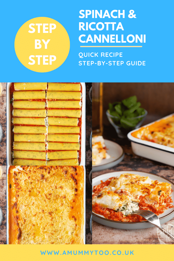 Pinterest image of the spinach and ricotta cannelloni and the process. 