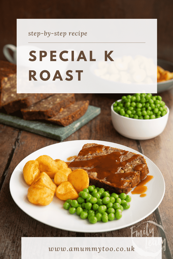 Pinterest image promoting the special k roast recipe with an image of the finished roast served with roast potatoes and peas below some text describing the recipe.