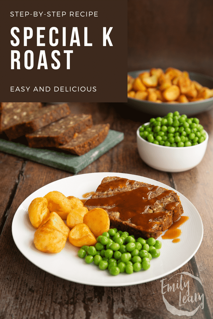 Pinterest image promoting the special k roast recipe with an image of the finished roast served with roast potatoes and peas below some text describing the recipe.
