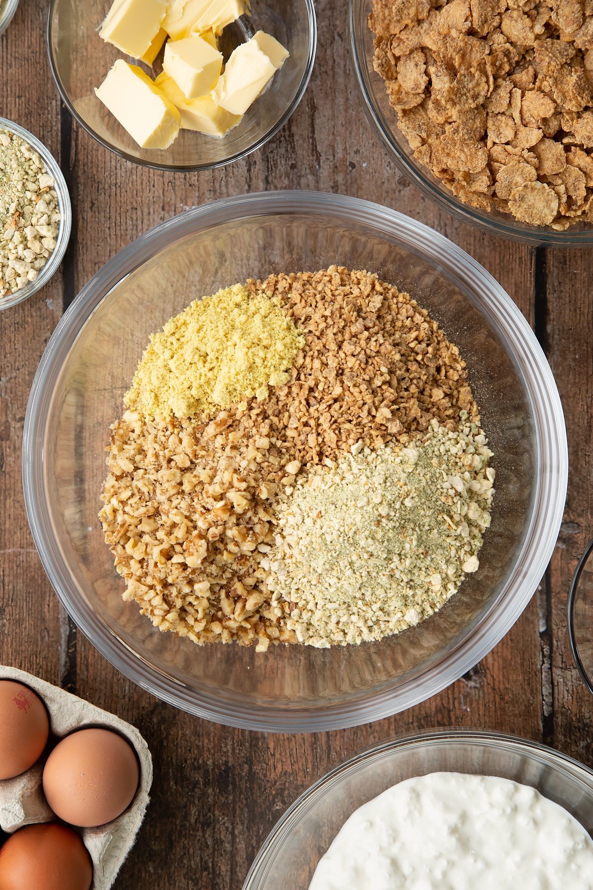 Overhead shot of some of the dry ingredients required to make the special k loaf in a bowl.