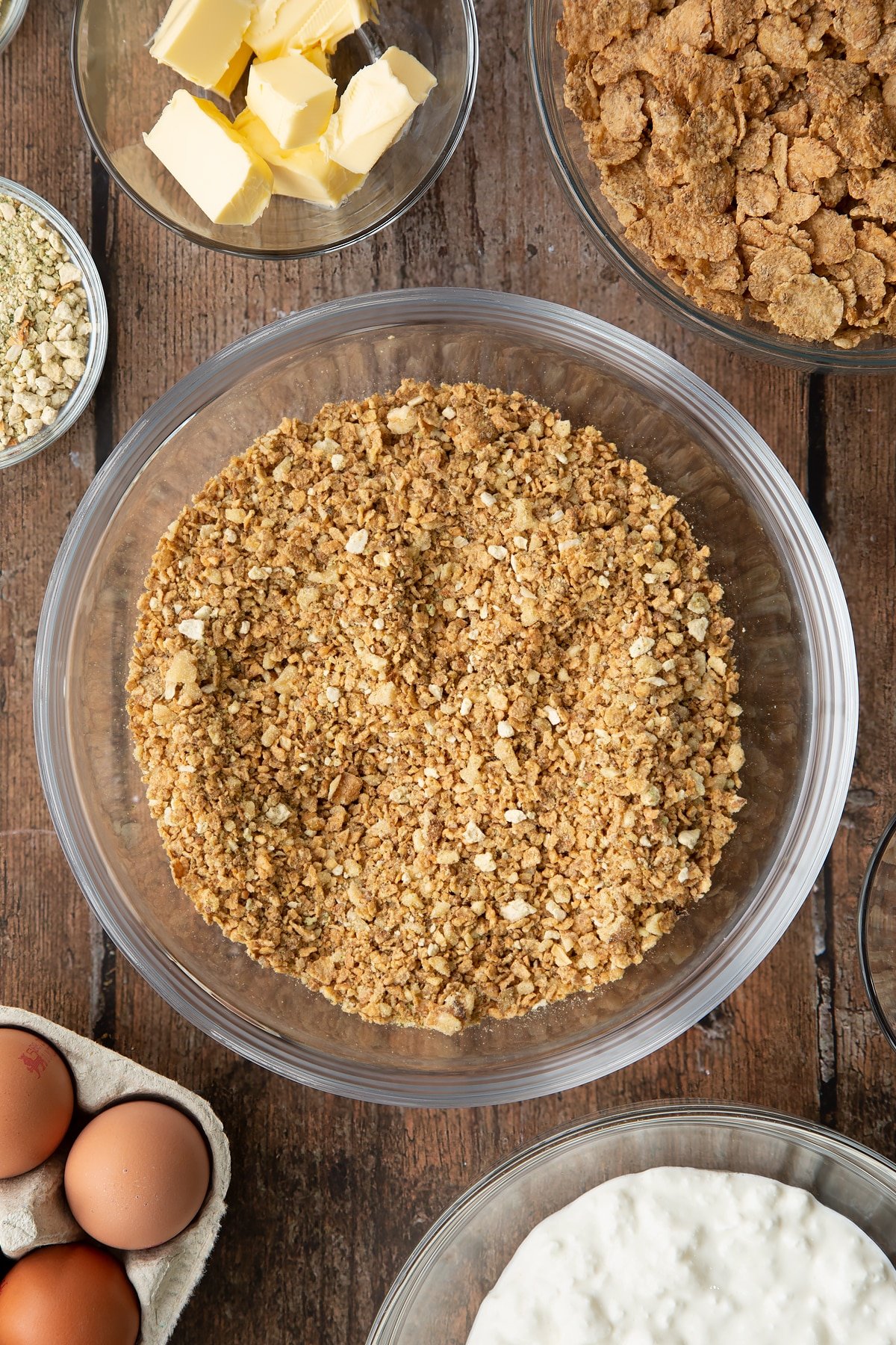 Overhead shot of some of the dry ingredients to make the special k roast mixed together.