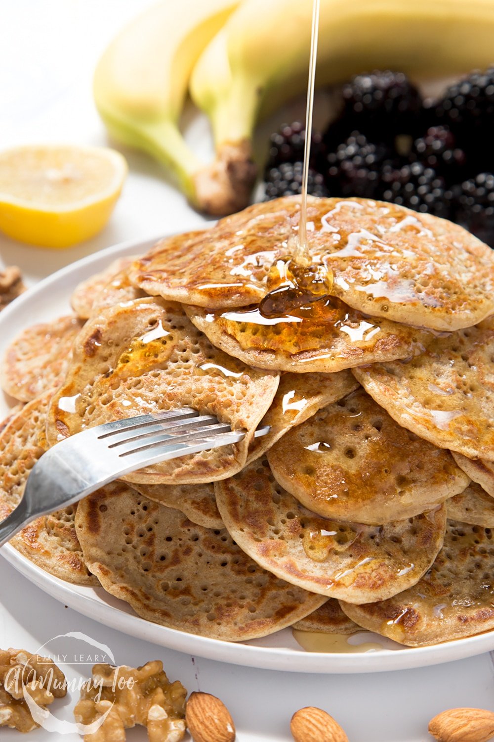 Vegan pancake stack topped with syrup