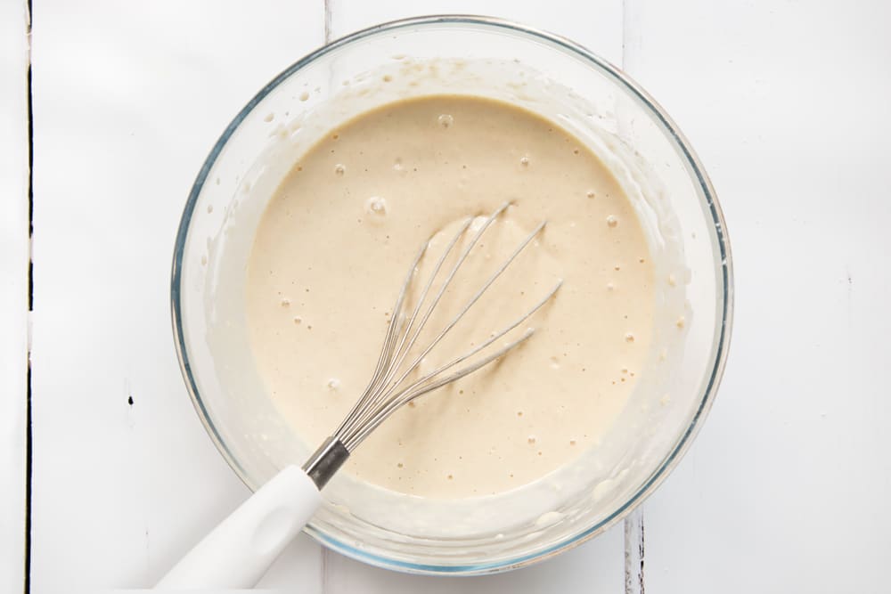 Whisk the soya milk into the pancake mix. Soya milk is the essential ingredient to creating Vegan american pancakes