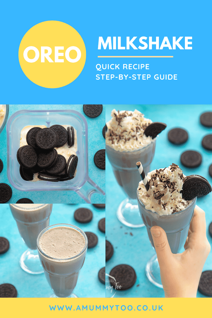 Three images show the process of making an oreo milkshake. At the top of the image there's some text describing the image for Pinterest.