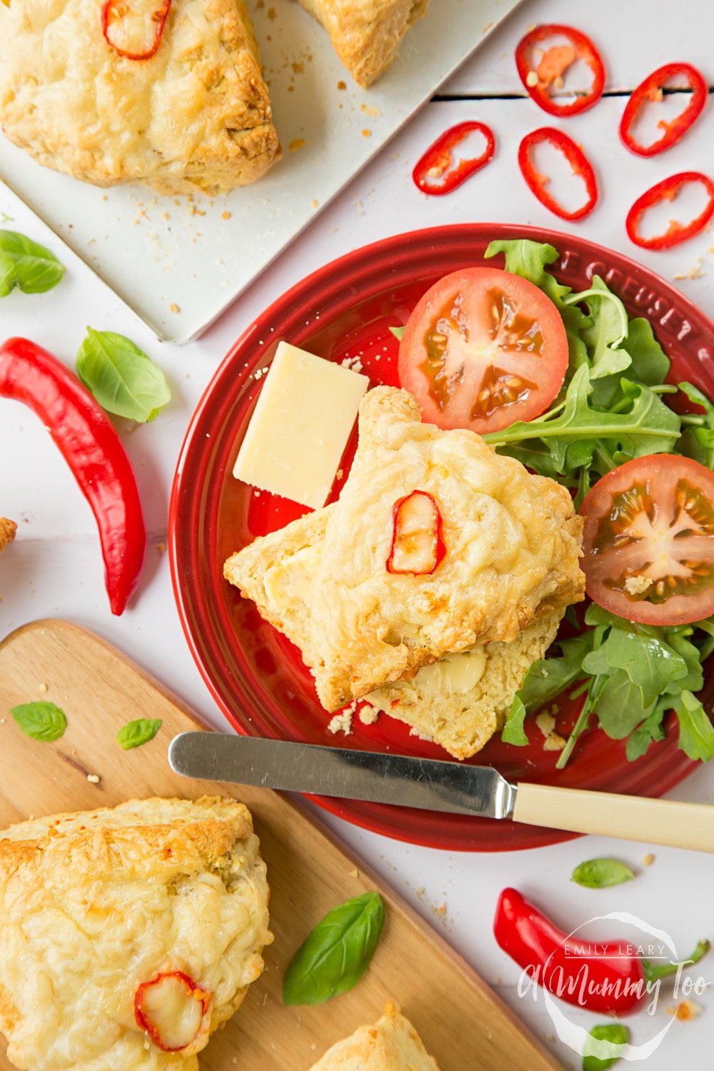 Chilli cheese savoury scones served with a side salad of lettuce and tomatoes