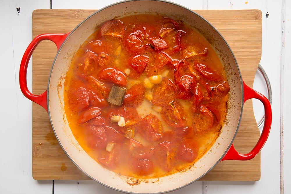 Add boiling water and a stock cube to make this roasted tomato and garlic soup