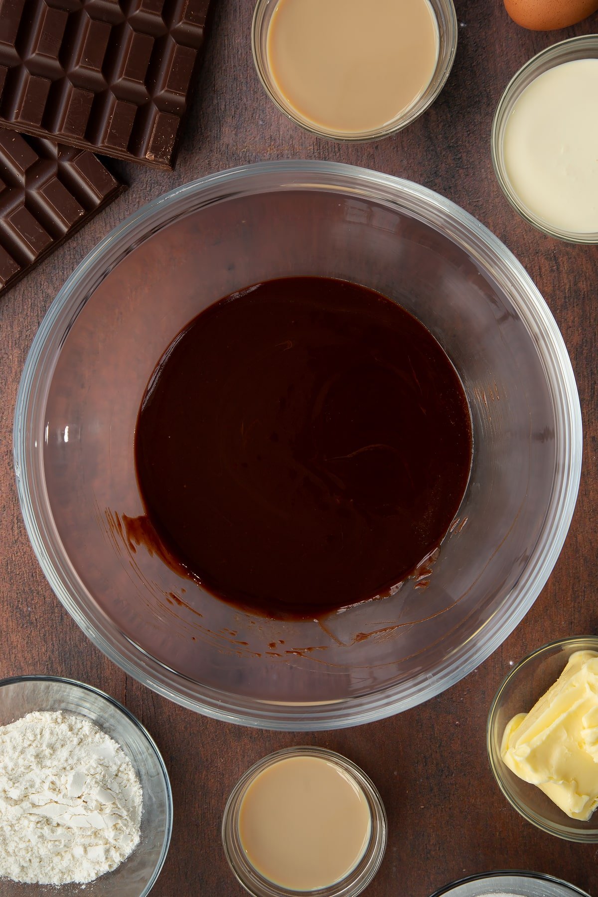 melted chocolate, butter and Baileys in a microwave safe bowl.