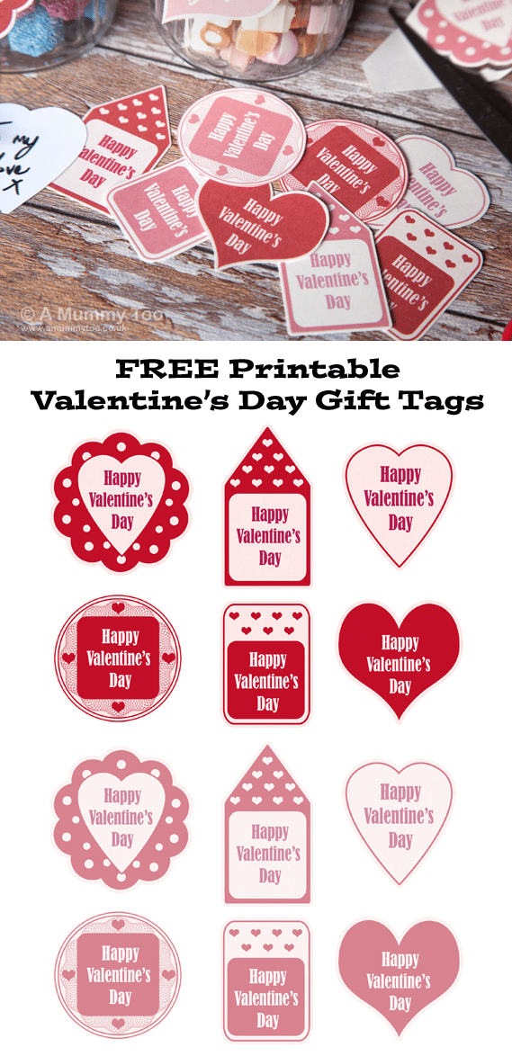 Free printable Valentine's Day gift tags in pink and red 