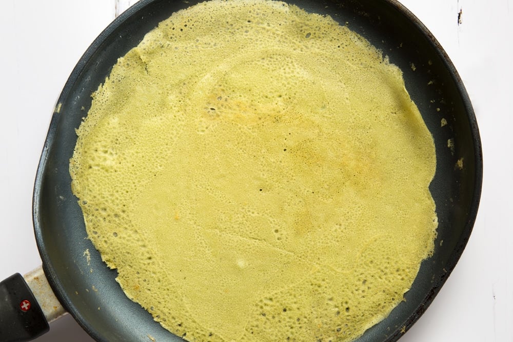 Flipped crepe, cooking in a frying pan