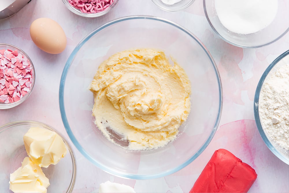 Overhead shot of mixed margarine in a large bowl