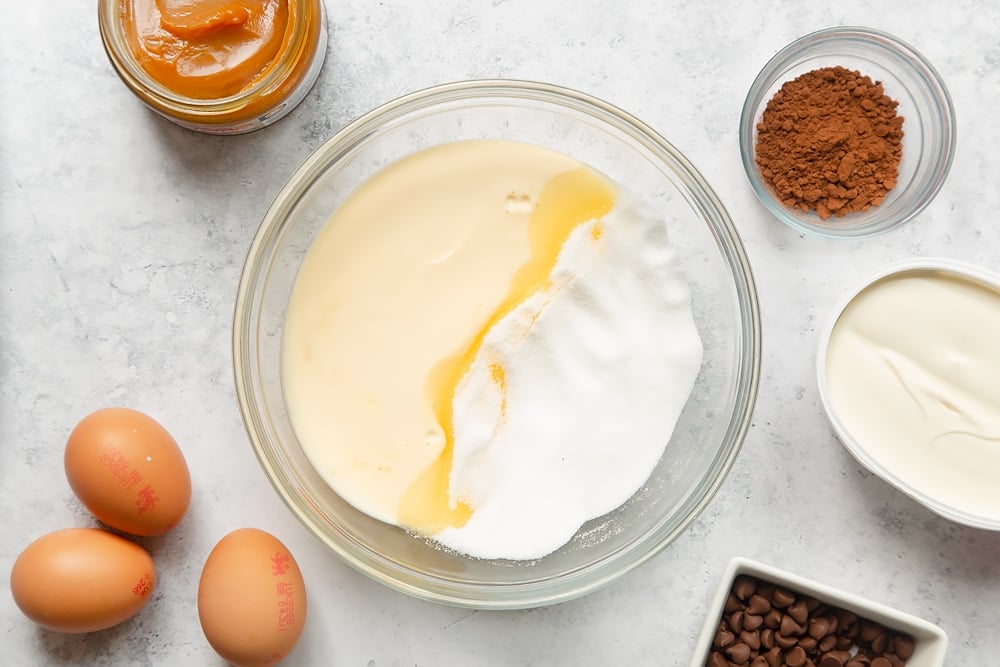 Mixing ingredients for the chocolate marble cake