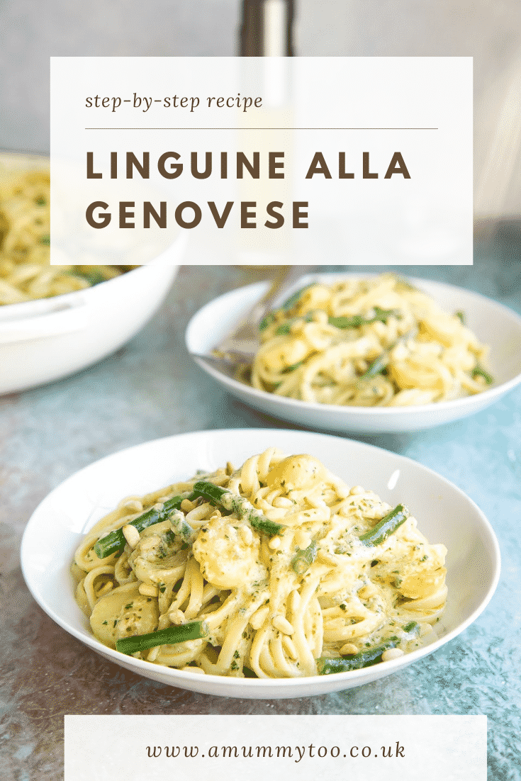 Pinterest image for the Linguine alla genovese with text at the top describing the image.