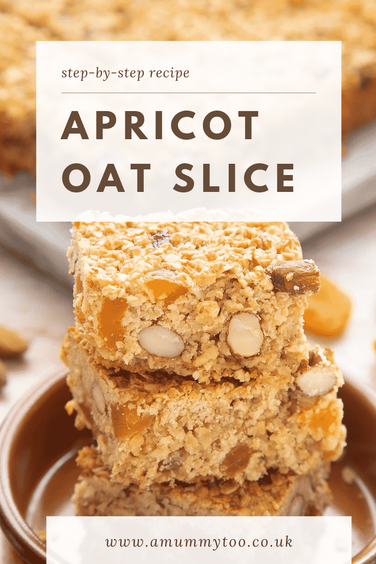 Front angle shot of a hand holding Apricot oat slices served on a marble slab with a mummy too logo in the lower-right corner
