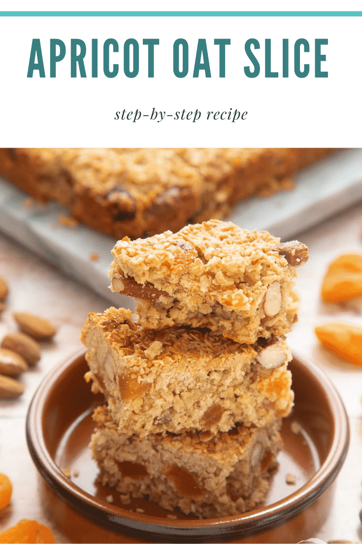 Graphic text step-by-step recipe APRICOT OAT SLICE above front angle shot of Apricot oat slices served on a brown bowl with website URL below