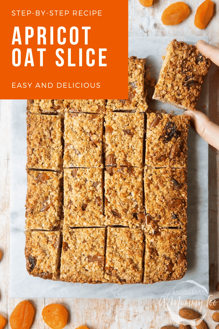 Graphic text APRICOT OAT SLICE step-by-step recipe above front angle shot of  Apricot oat slices served on a brown bowl