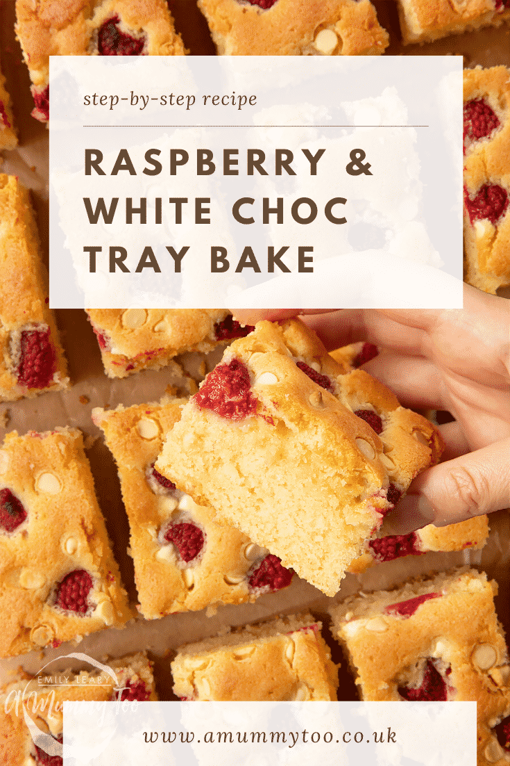 A raspberry and white chocolate traybake cut into 16 pieces. A hand holds a piece. Caption reads: step-by-step recipe raspberry & white choc traybake 