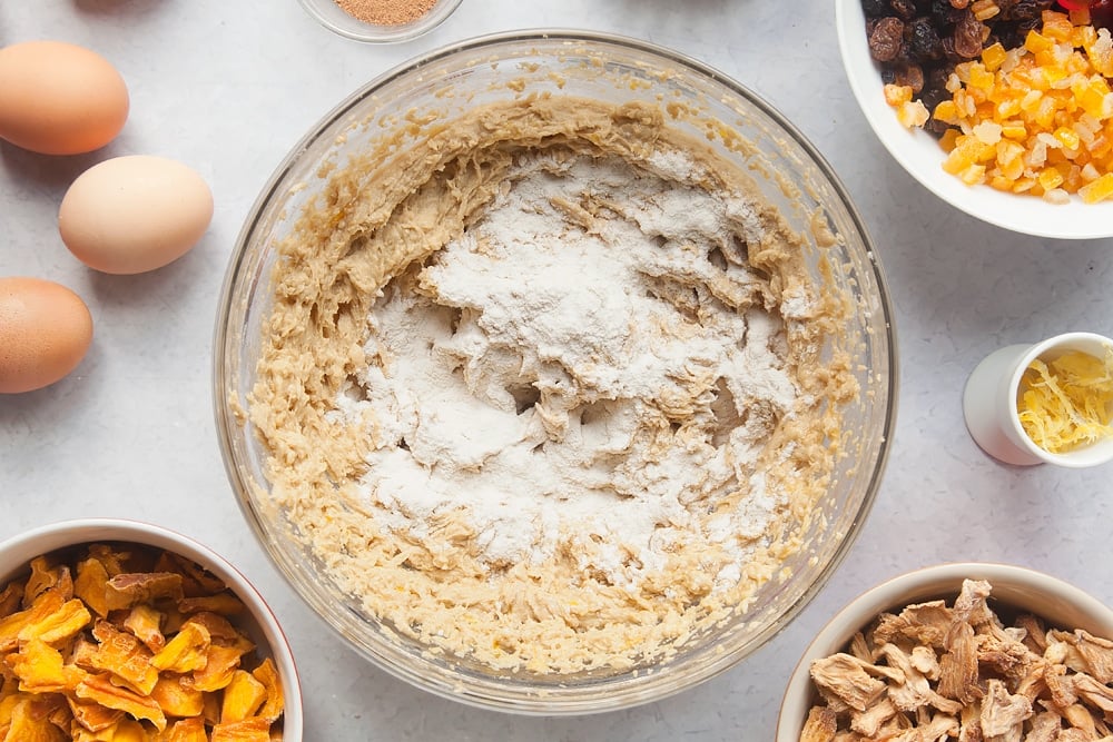Tropical fruit cake mix with eggs and sugar mixed in.