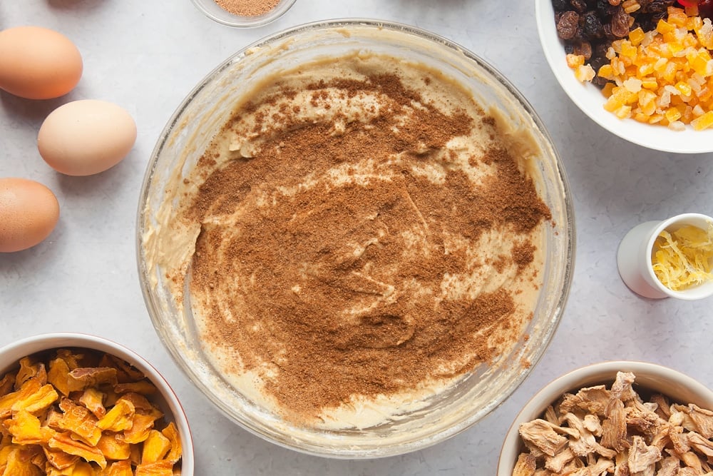 Tropical fruit cake mix with added spice and nutmeg.