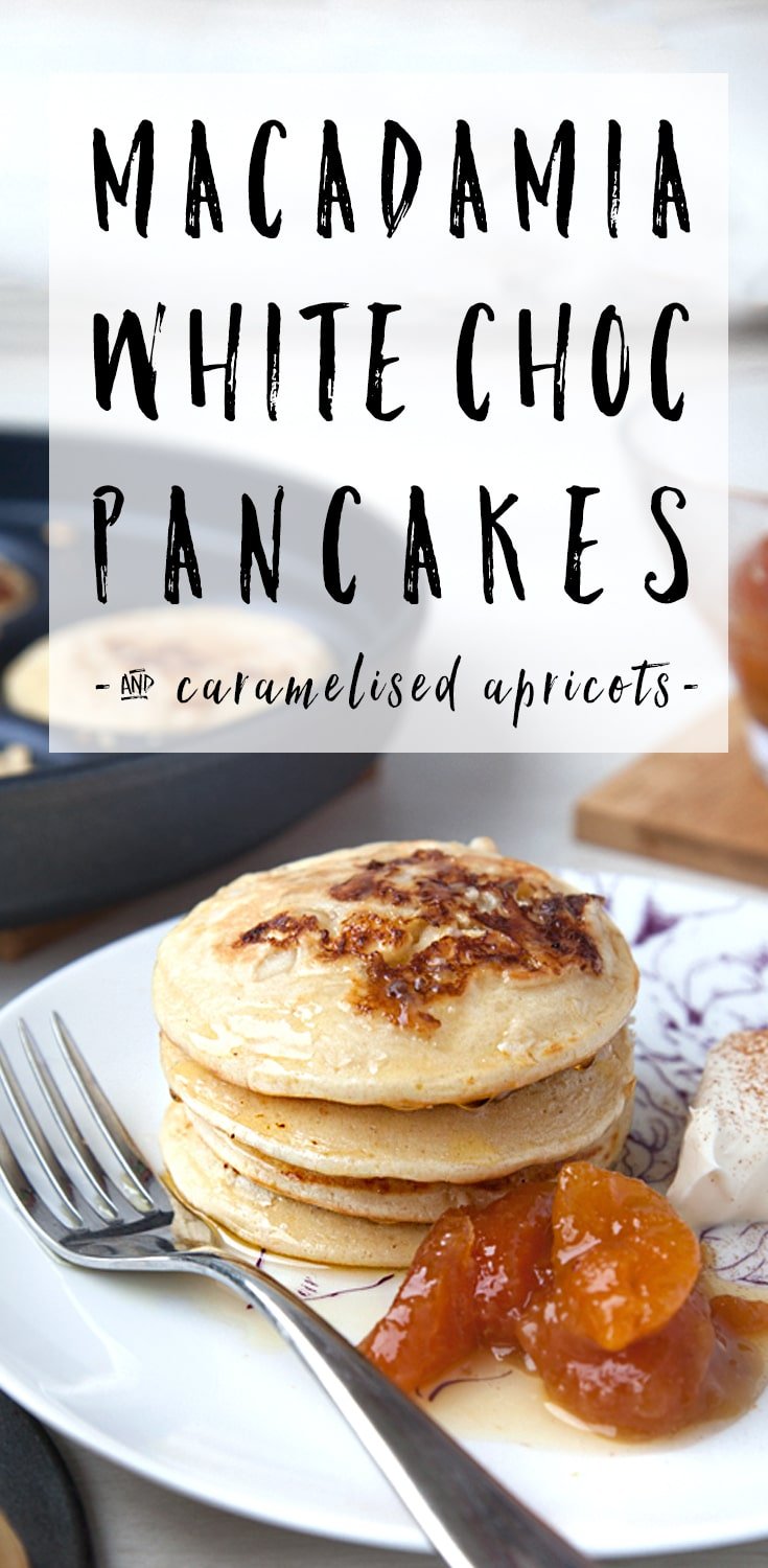 Try these white chocolate macadamia nut pancakes for breakfast! Find the recipe at amummytoo.co.uk #recipe #pancakes #pancakestack